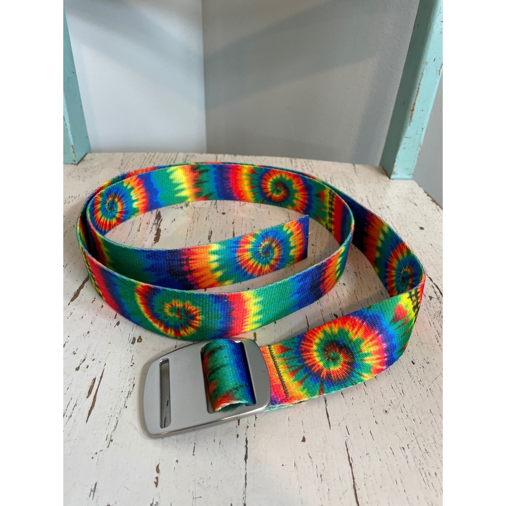 Croakies Rainbow Tie Dye Webbing Belt Adjustable Metal Buckle Adjustable 52"